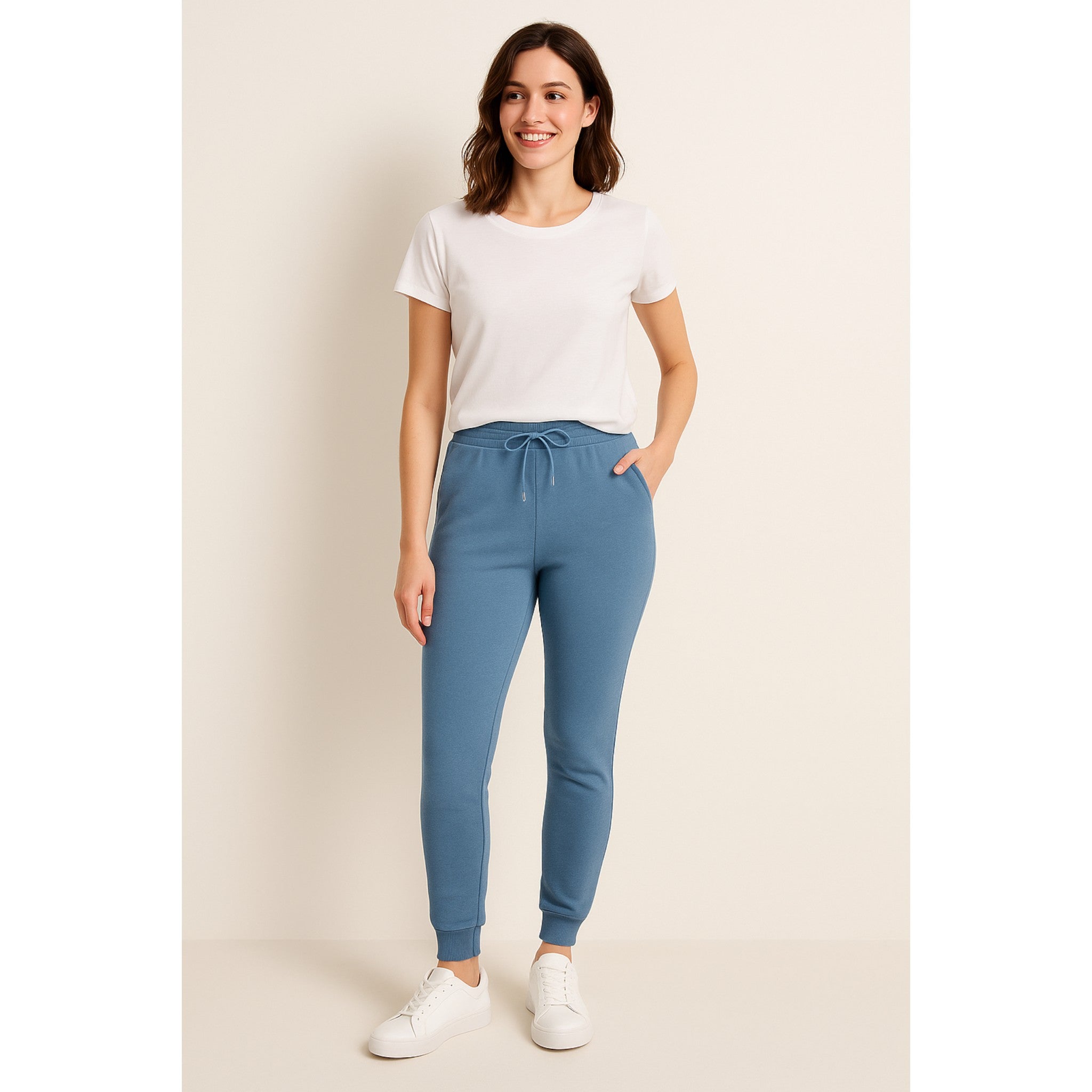 Ladies air force blue soft touch joggers with drawstring waist and cuffed ankles stylish loungewear trousers